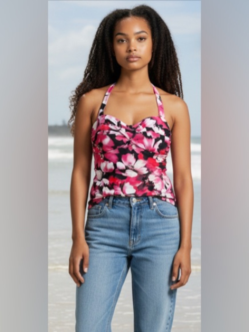 NWT- Small Holipick padded push-up built-in adjustable bra Floral Halter Tank